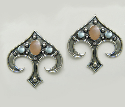 Sterling Silver Gothic Inspired Drop Dangle Earrings With Peach Moonstone And Blue Topaz